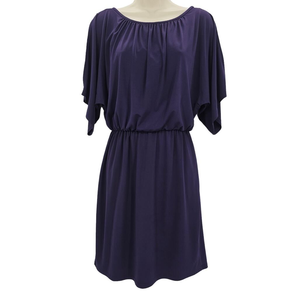 Trina Turk Womans size S Slit Sleeve Blouson Mini Dress in Purple Short Sleeve